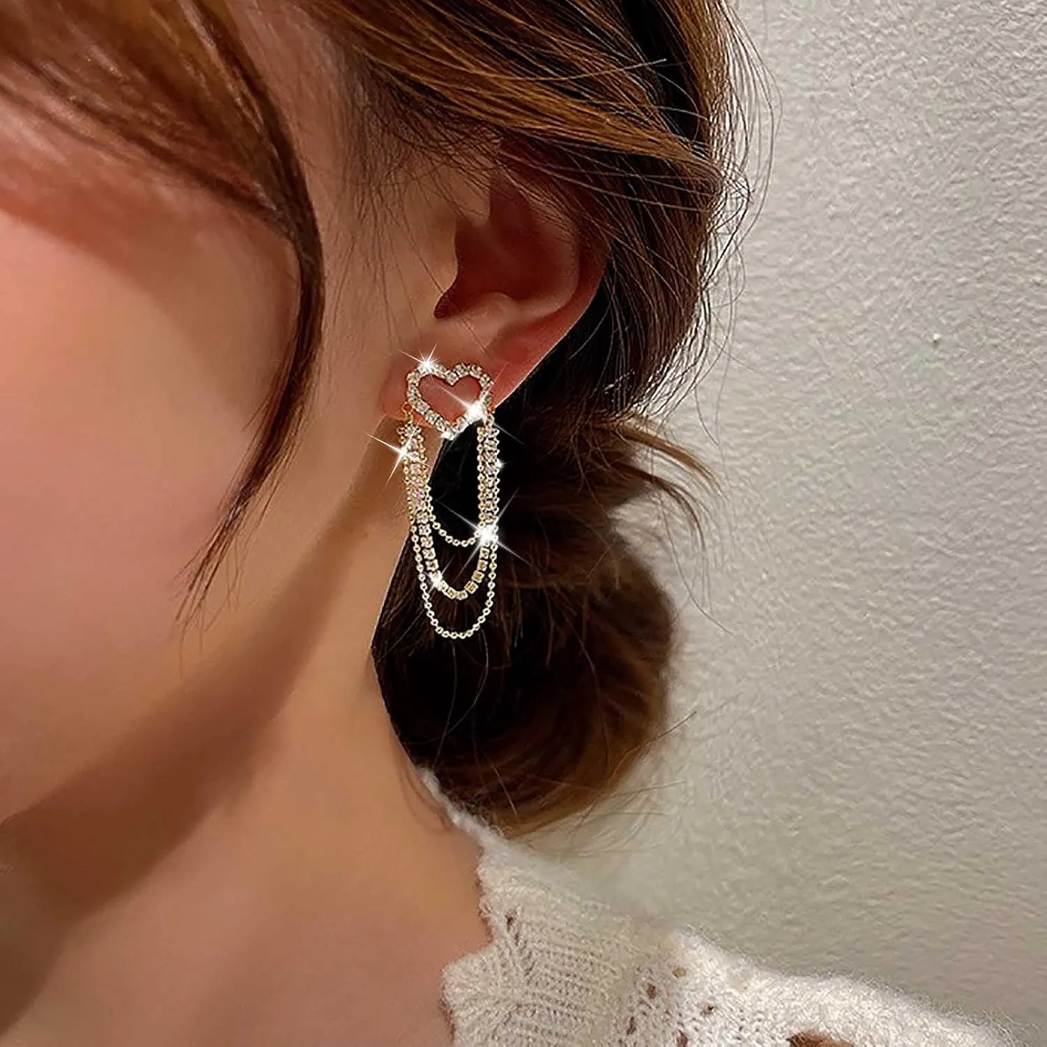 Heart Rhinestone Drop Dangle Earrings Gold Crystal Heart Love Earrings Vintage CZ Heart Stud Earrings Small Double Heart Dangling Earrings Jewelry for Women and Girls