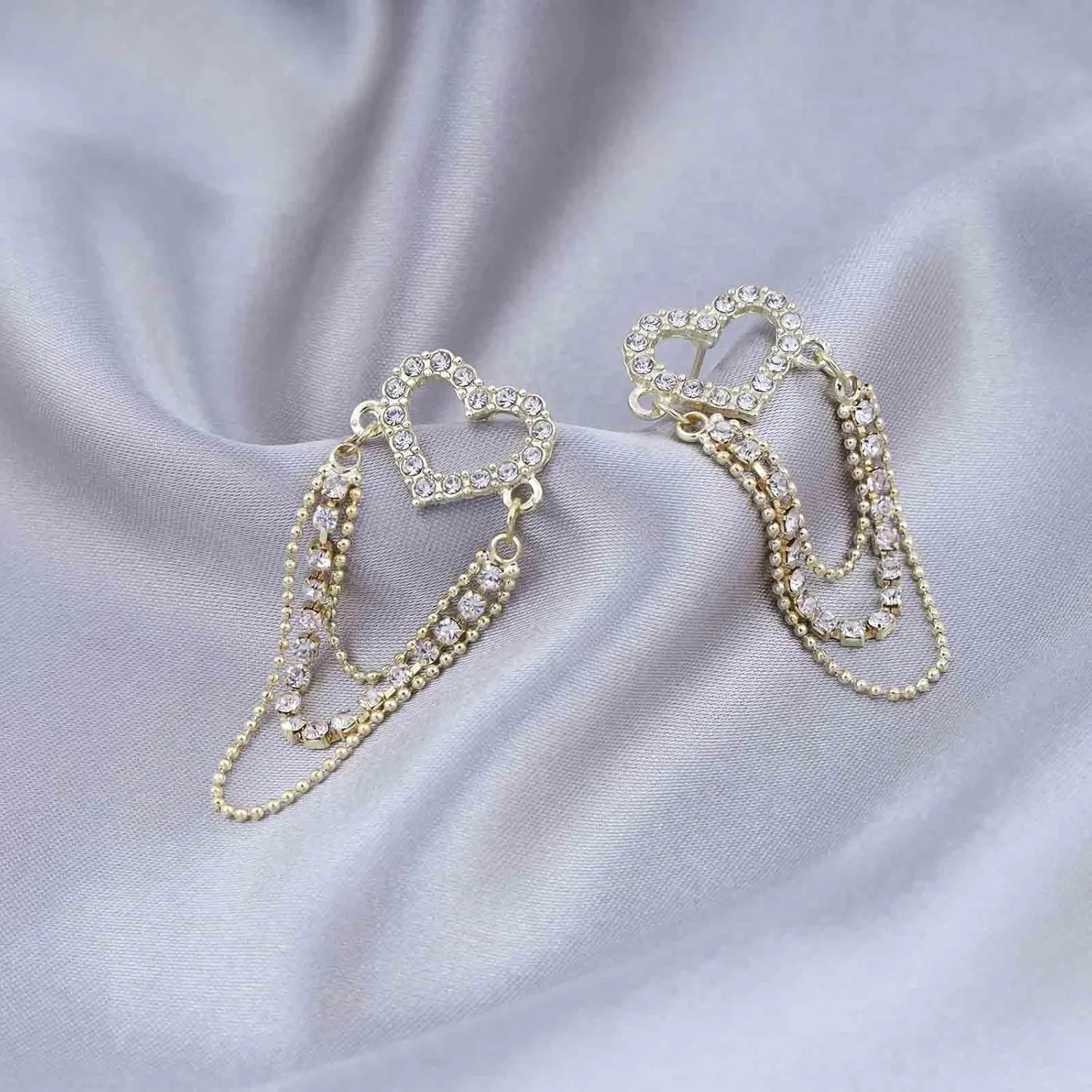 Heart Rhinestone Drop Dangle Earrings Gold Crystal Heart Love Earrings Vintage CZ Heart Stud Earrings Small Double Heart Dangling Earrings Jewelry for Women and Girls