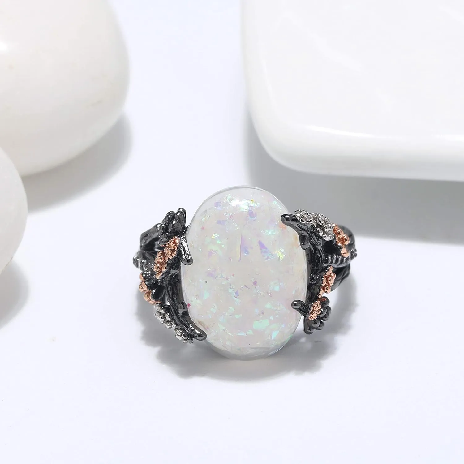 Henrietta Simulated Fire Opal Ring for Women by Ginger Lyne | Elven Gothic Black Plated for Engagement Promise or Statement -Tree Branch Flower Design Setting