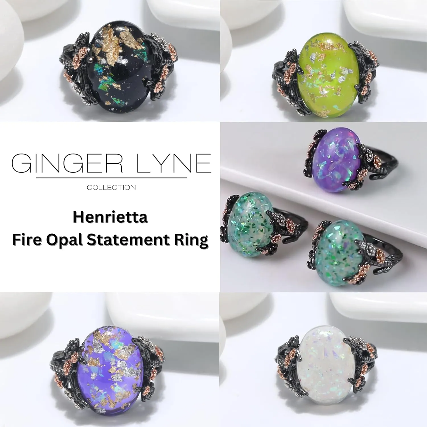 Henrietta Simulated Fire Opal Ring for Women by Ginger Lyne | Elven Gothic Black Plated for Engagement Promise or Statement -Tree Branch Flower Design Setting