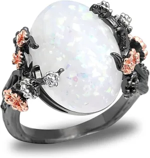Henrietta Simulated Fire Opal Ring for Women by Ginger Lyne | Elven Gothic Black Plated for Engagement Promise or Statement -Tree Branch Flower Design Setting