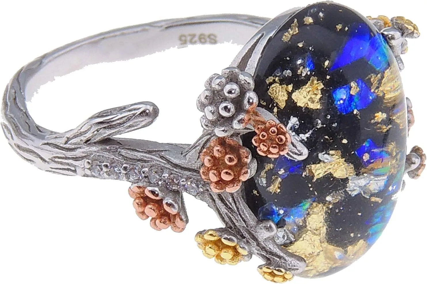 Henrietta Simulated Fire Opal Ring for Women by Ginger Lyne | Sterling Silver Tree Branch Setting Elven Fairy Flower Design for Engagement Statement or Promise Ring