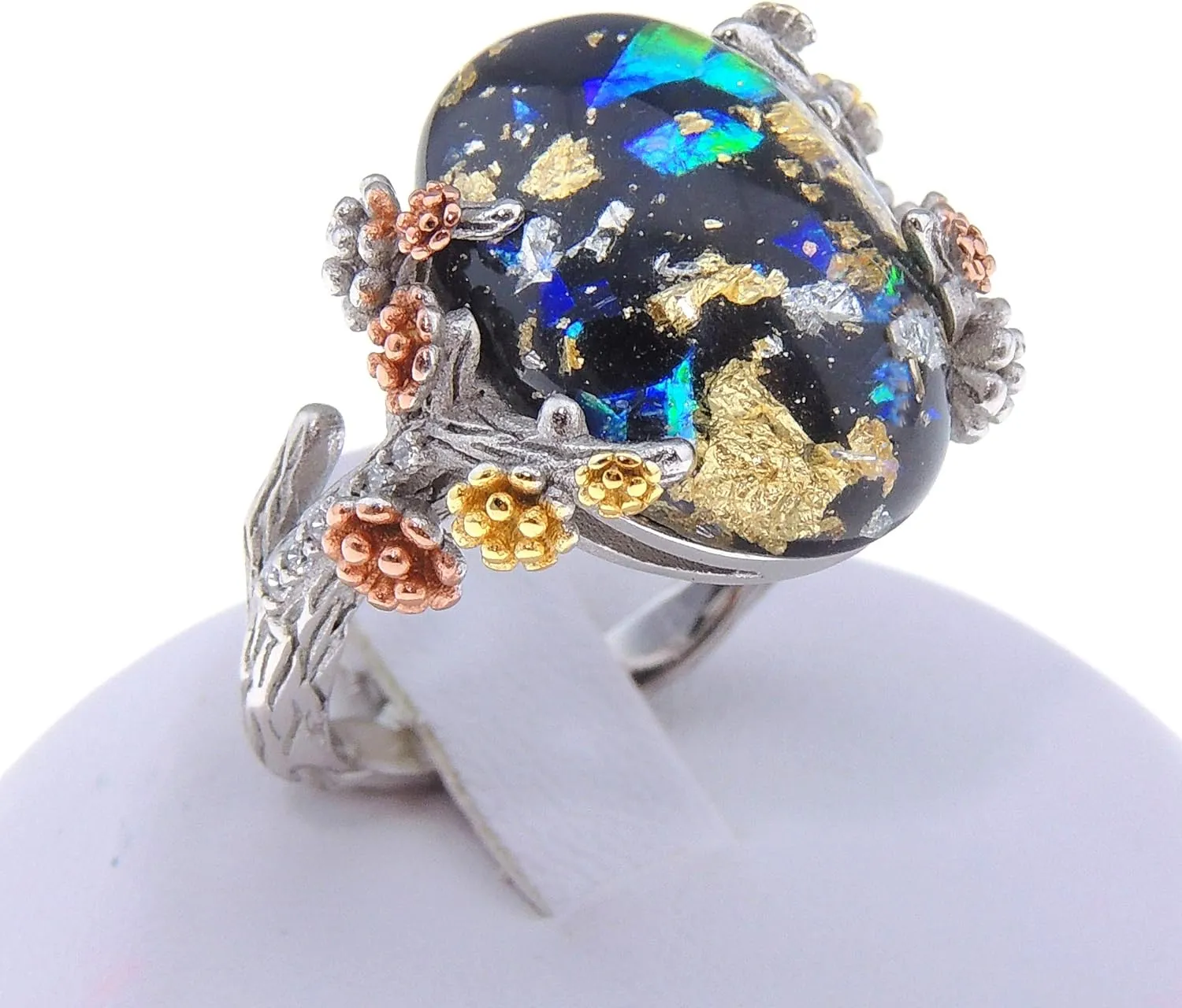 Henrietta Simulated Fire Opal Ring for Women by Ginger Lyne | Sterling Silver Tree Branch Setting Elven Fairy Flower Design for Engagement Statement or Promise Ring