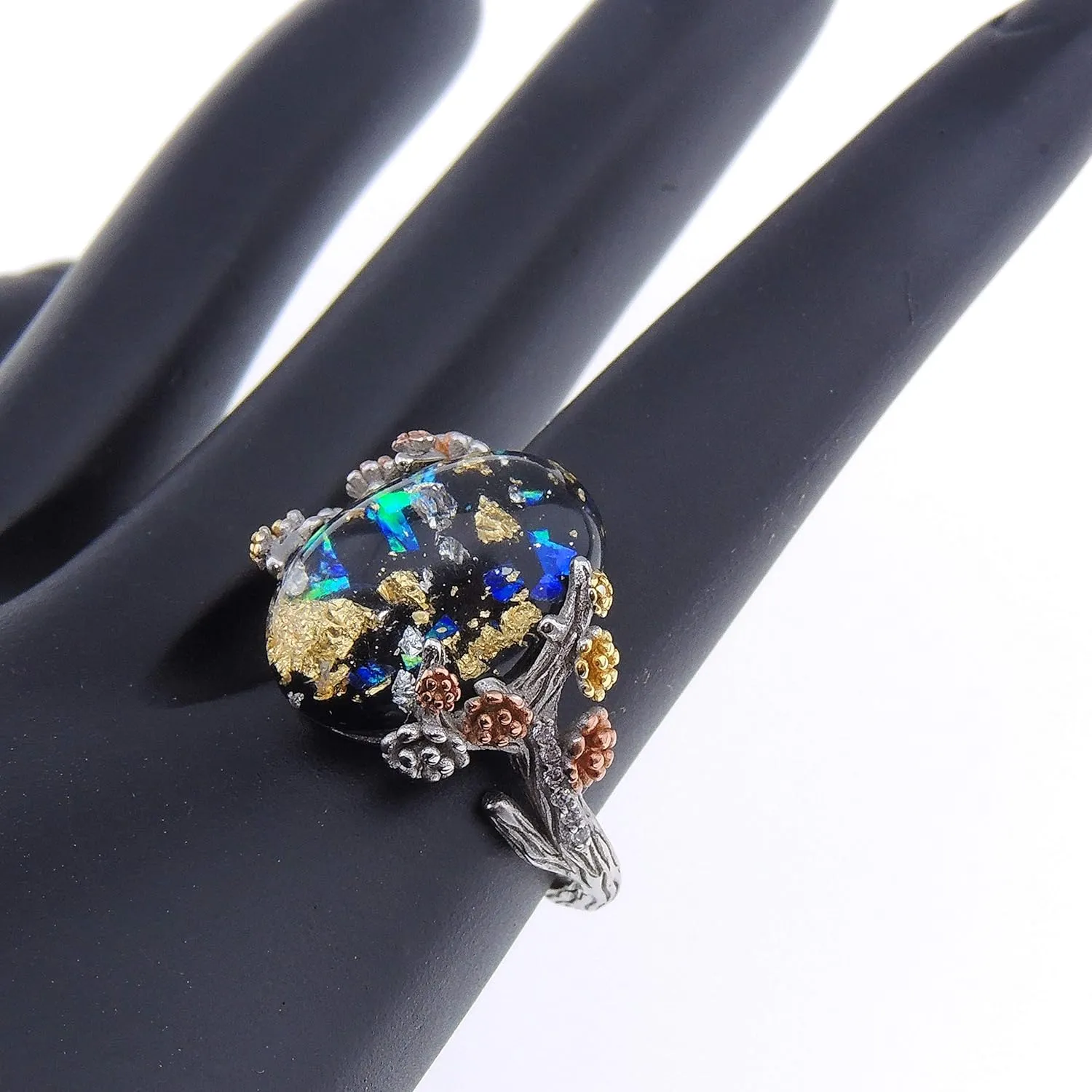 Henrietta Simulated Fire Opal Ring for Women by Ginger Lyne | Sterling Silver Tree Branch Setting Elven Fairy Flower Design for Engagement Statement or Promise Ring