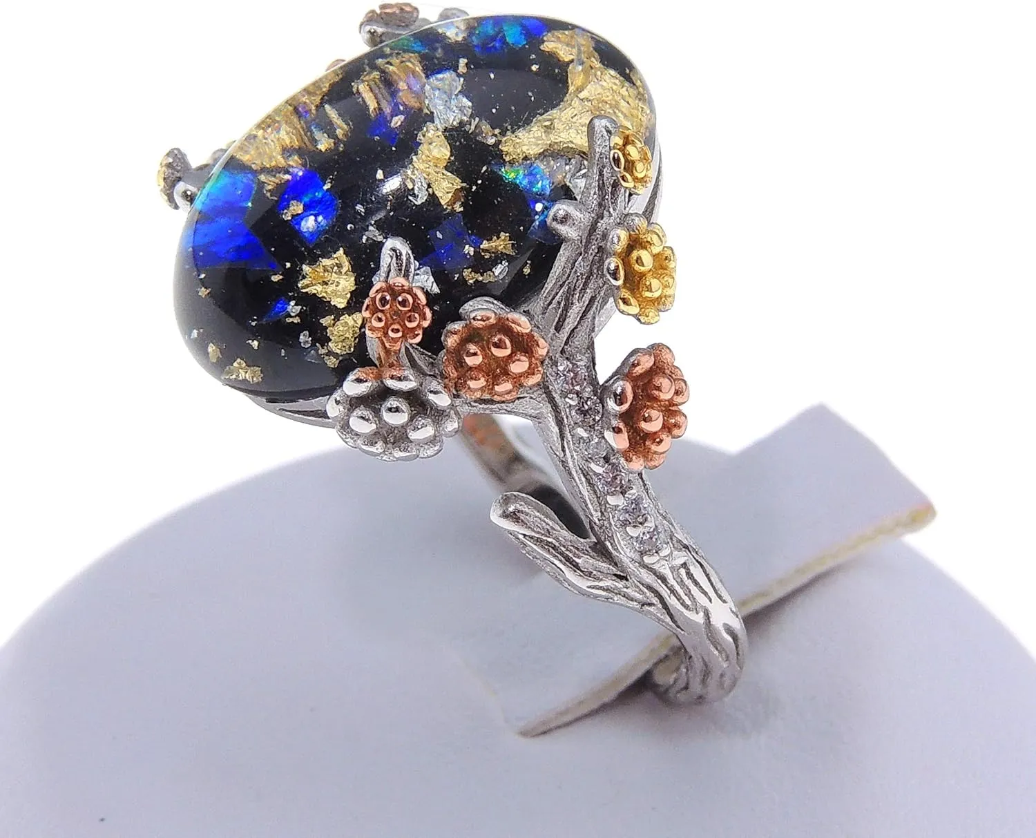 Henrietta Simulated Fire Opal Ring for Women by Ginger Lyne | Sterling Silver Tree Branch Setting Elven Fairy Flower Design for Engagement Statement or Promise Ring