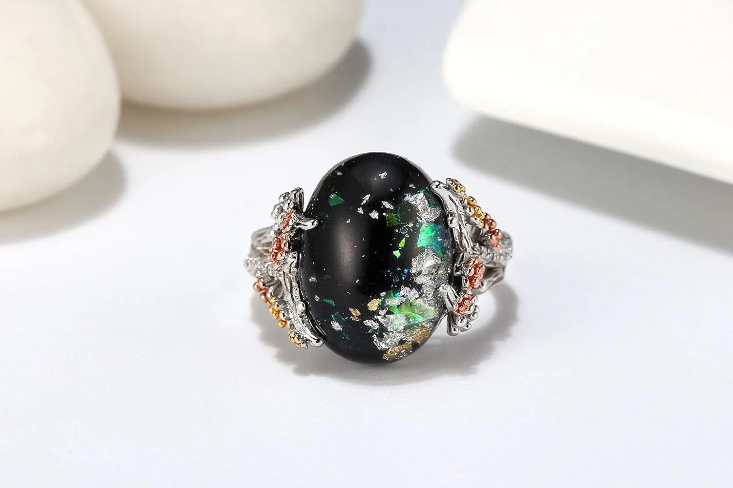 Henrietta Simulated Fire Opal Ring for Women by Ginger Lyne | Sterling Silver Tree Branch Setting Elven Fairy Flower Design for Engagement Statement or Promise Ring