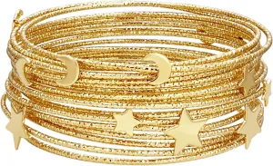 HIIXHC Gold Bangle Bracelets for Women - 16Pcs Moon and Star Bracelets Multi Layered Gold Stackable Bracelets Jewelry for Women Gift