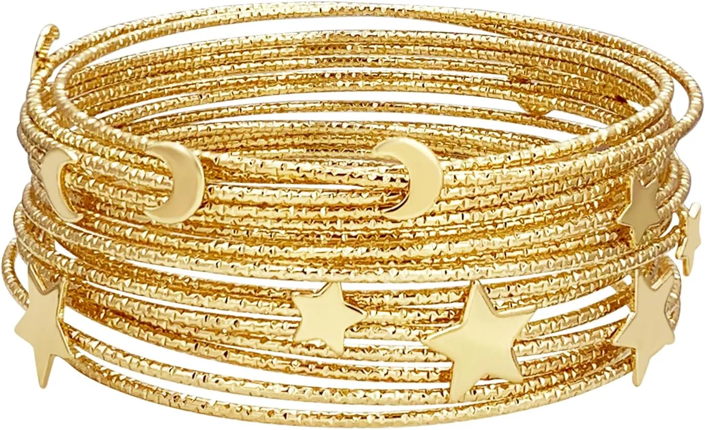 HIIXHC Gold Bangle Bracelets for Women - 16Pcs Moon and Star Bracelets Multi Layered Gold Stackable Bracelets Jewelry for Women Gift