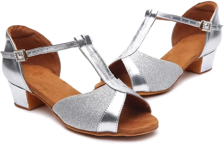 HIPPOSEUS Girls' Latin Dance Shoes with T - Strap Sequins Dancing Shoes Low Heel,Model 305
