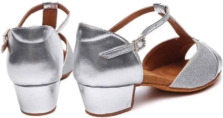 HIPPOSEUS Girls' Latin Dance Shoes with T - Strap Sequins Dancing Shoes Low Heel,Model 305