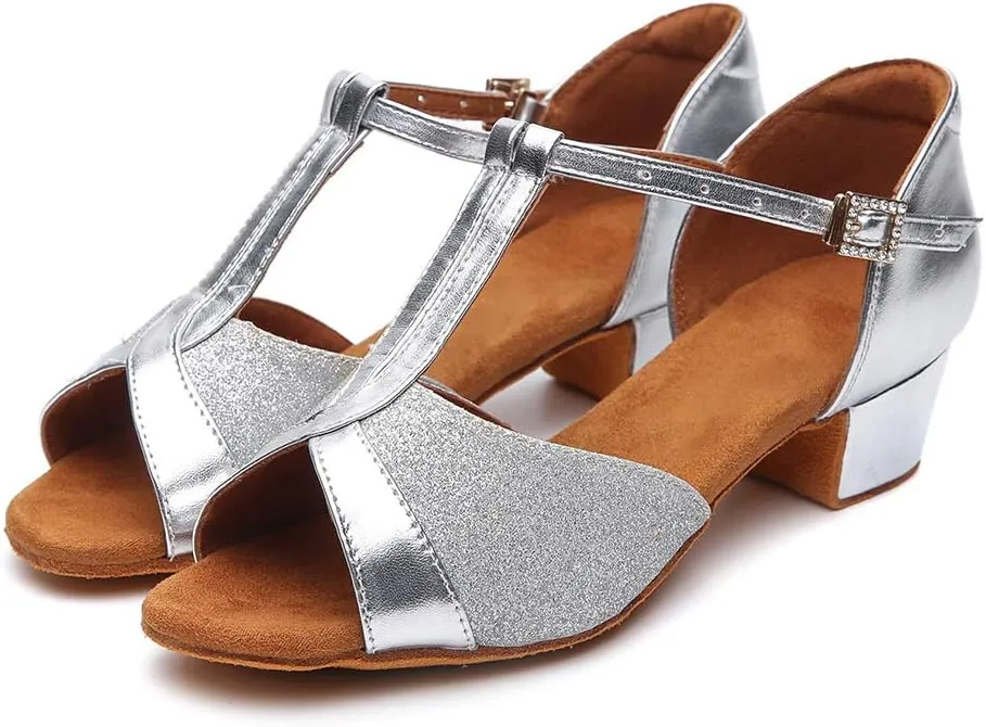 HIPPOSEUS Girls' Latin Dance Shoes with T - Strap Sequins Dancing Shoes Low Heel,Model 305