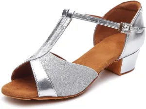 HIPPOSEUS Girls' Latin Dance Shoes with T - Strap Sequins Dancing Shoes Low Heel,Model 305