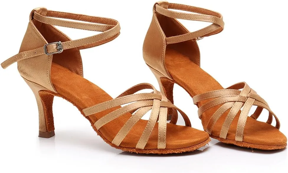 HIPPOSEUS Women's Open Toe Latin Dance Shoes Ankle Strap Ballroom Salsa Bachata Dancing Shoes Suede Outsole,Model 1213