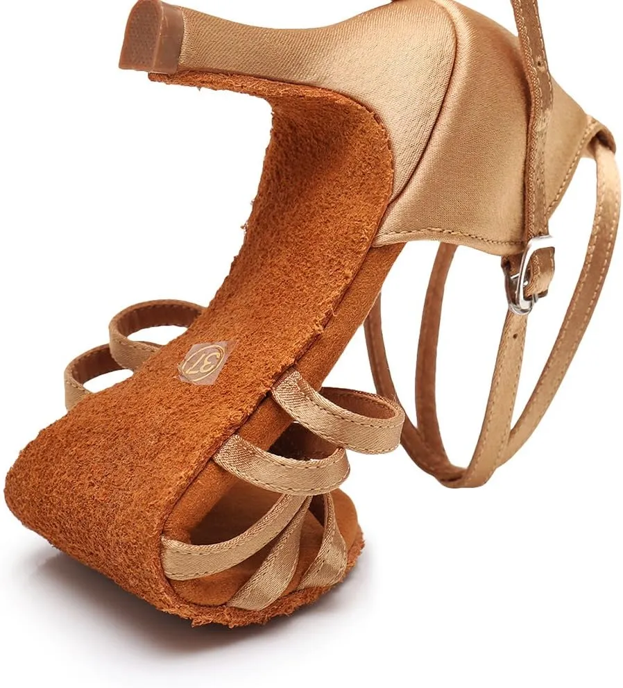 HIPPOSEUS Women's Open Toe Latin Dance Shoes Ankle Strap Ballroom Salsa Bachata Dancing Shoes Suede Outsole,Model 1213