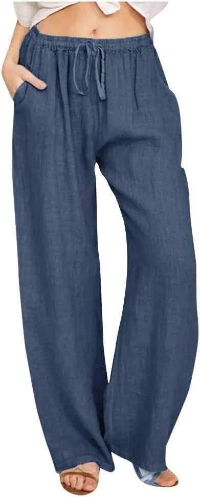 hlysgo Women's Summer Drawstring Waist Wide Leg Loose Cotton Linen Palazzo Pants 2025 Plus Size Ladies Casual Pants Trousers