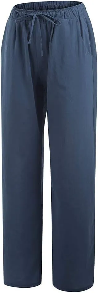 hlysgo Women's Summer Drawstring Waist Wide Leg Loose Cotton Linen Palazzo Pants 2025 Plus Size Ladies Casual Pants Trousers