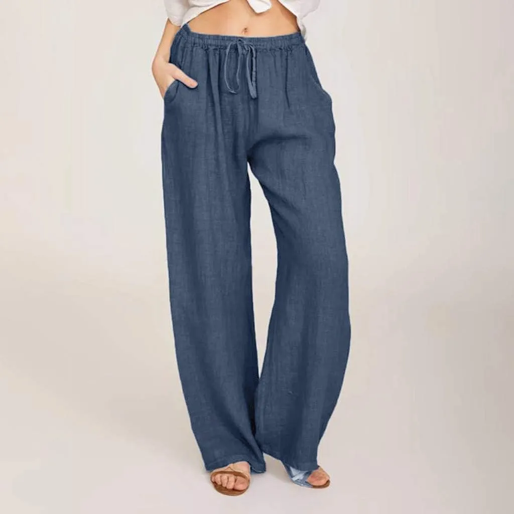 hlysgo Women's Summer Drawstring Waist Wide Leg Loose Cotton Linen Palazzo Pants 2025 Plus Size Ladies Casual Pants Trousers