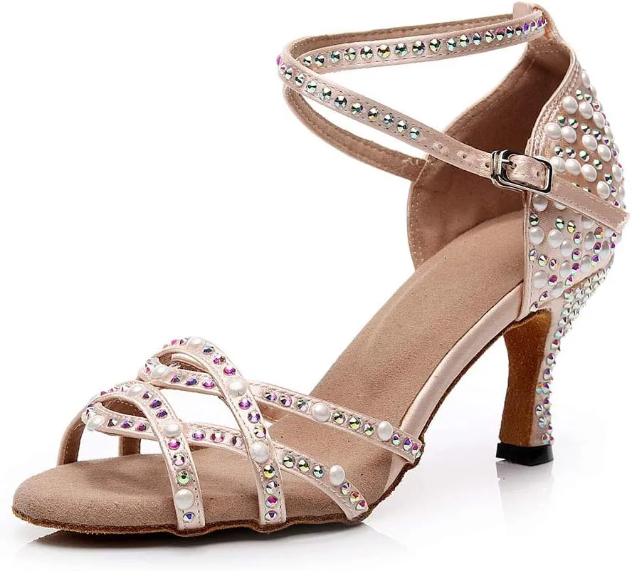 HROYL Rhinestone Dance Shoes Latin Dance Shoes Women Ballroom Tango High Heel Women Dance Shoes,Model QJW7176/7181