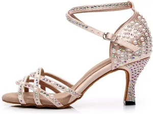 HROYL Rhinestone Dance Shoes Latin Dance Shoes Women Ballroom Tango High Heel Women Dance Shoes,Model QJW7176/7181