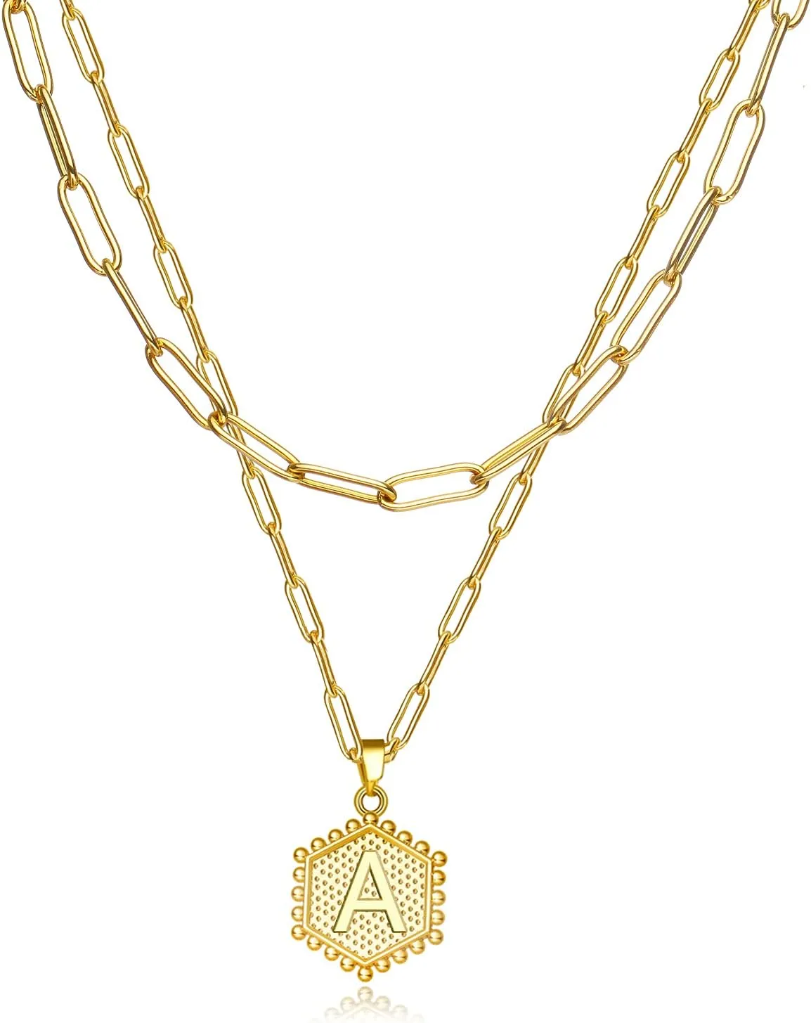 HUASAI Layer Initial Necklace for Women 18K Gold Plated Layering Paperclip Link Chain Necklace Cute Hexagon Letter Pendant Initial Choker Necklace