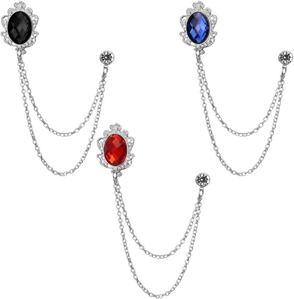 Huture 3 Packs Men's Gem Brooch Lapel Pin Badge Hanging Chains Collar Brooches Pin for Career Suit Tuxedo of Shirts Tie Hat Scarf for Boyfriend Father Birthday Gift, Silver Black Red Blue