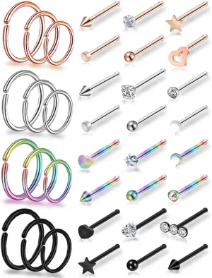 Hypoallergenic 20G L-Shaped Nose Rings - Surgical Steel Hoops & Studs - Gold, Silver, Black Colored