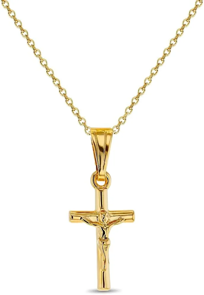 In Season Jewelry Gold Plated Small Jesus Crucifix Cross Pendant Catholic Necklace for Children 16" Religious Jesus Christ Crucifix Cross Pendant Necklace for Kids - Girls or Boys