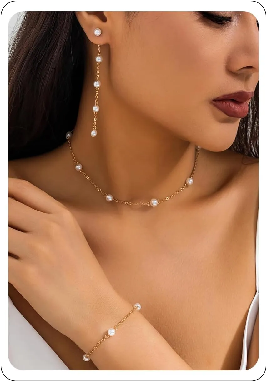 INENIMARTJ Pearl Necklace and Earring Set - Dainty Pearl Choker Necklace, Earrings for Women - Perfect for Prom, Wedding, Bridal, Bridesmaid