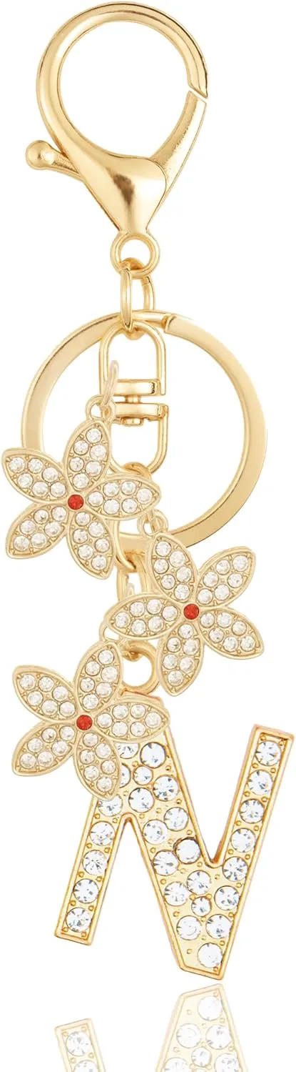 Initial Letter Keychain Gold Flower for Backpack Charms, Car Keys, School Bags - Initial Keychain Flower for Women