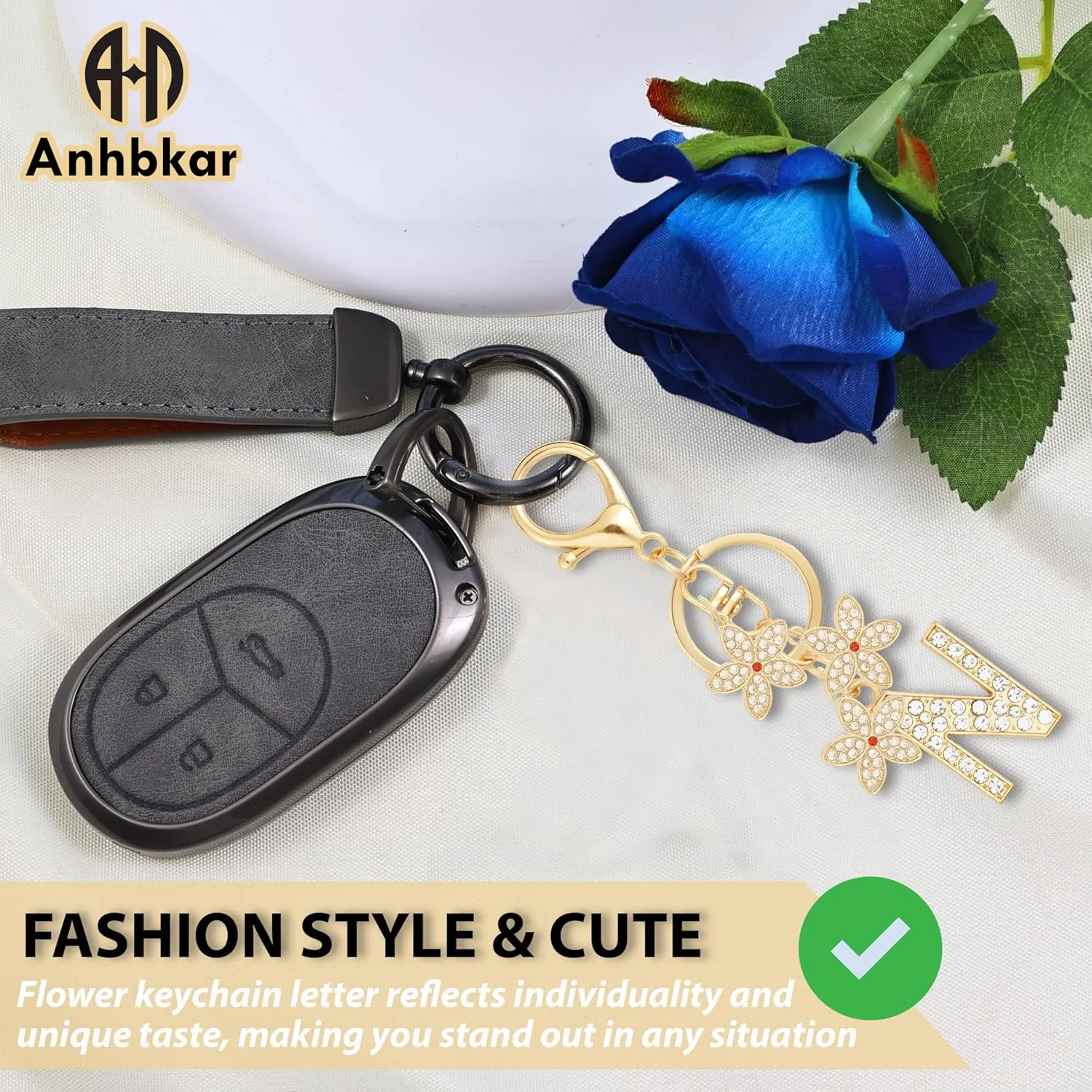 Initial Letter Keychain Gold Flower for Backpack Charms, Car Keys, School Bags - Initial Keychain Flower for Women