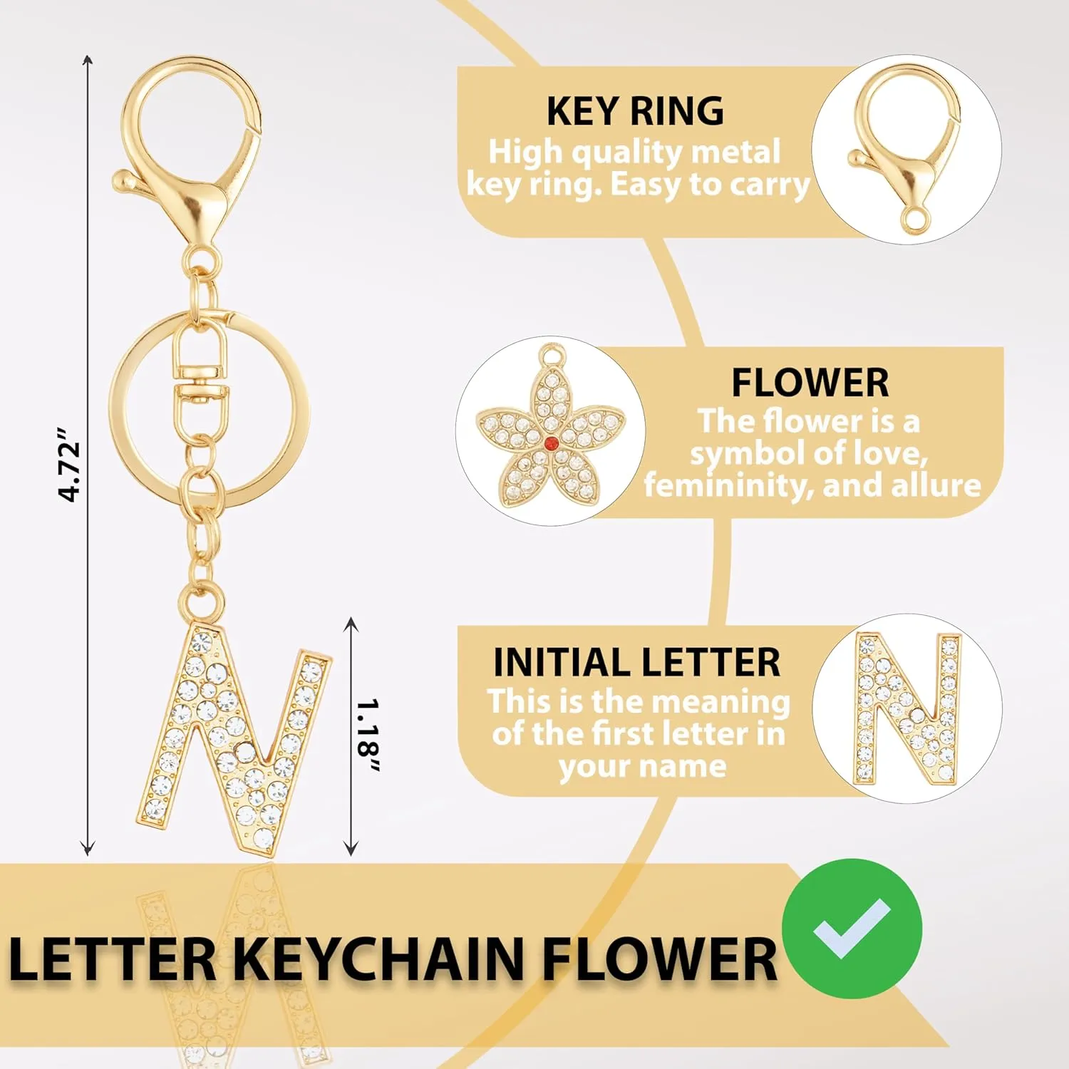 Initial Letter Keychain Gold Flower for Backpack Charms, Car Keys, School Bags - Initial Keychain Flower for Women