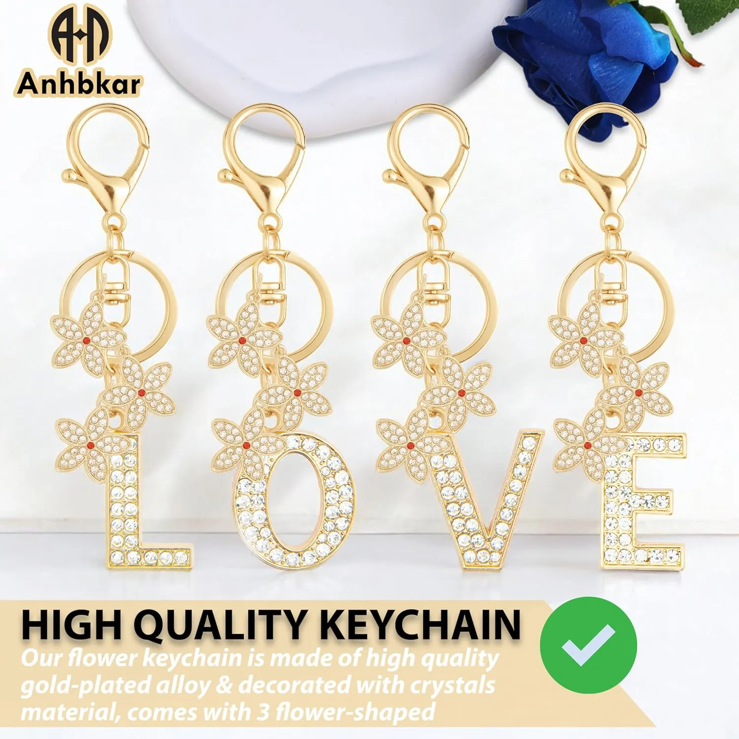 Initial Letter Keychain Gold Flower for Backpack Charms, Car Keys, School Bags - Initial Keychain Flower for Women