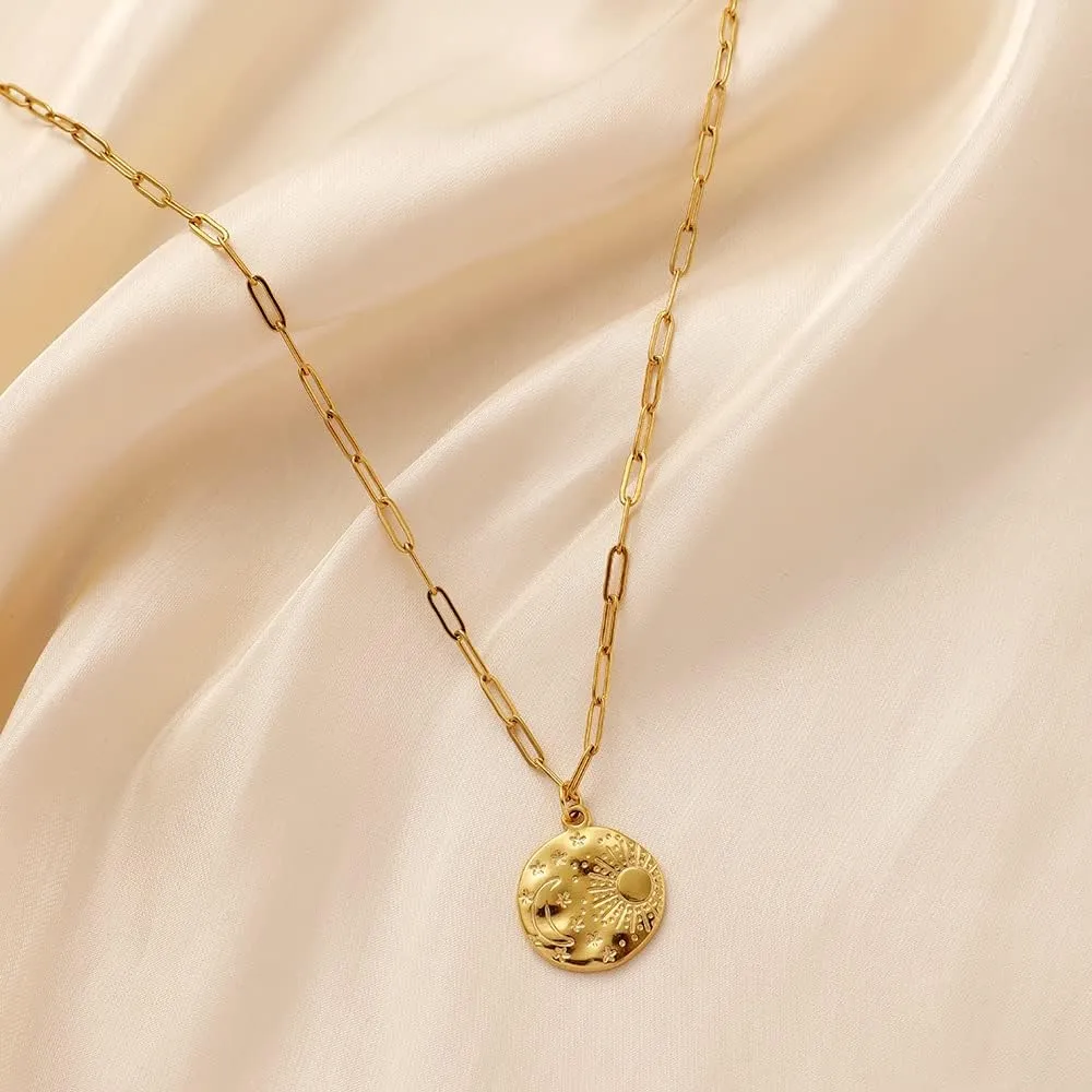 INS Premium Easy-matching Stainless Steel Gold Vintage Round Coin Cross Arrow Compass Moon Star Necklace Chain Hollow Heart Knocking Hammer Pattern Necklace Eyelash Eye Short Neckchain Life Tree Cherry Enamel Necklace