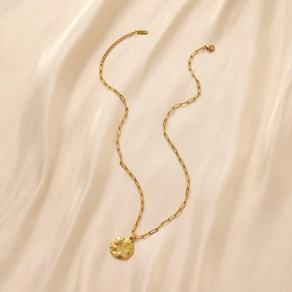 INS Premium Easy-matching Stainless Steel Gold Vintage Round Coin Cross Arrow Compass Moon Star Necklace Chain Hollow Heart Knocking Hammer Pattern Necklace Eyelash Eye Short Neckchain Life Tree Cherry Enamel Necklace