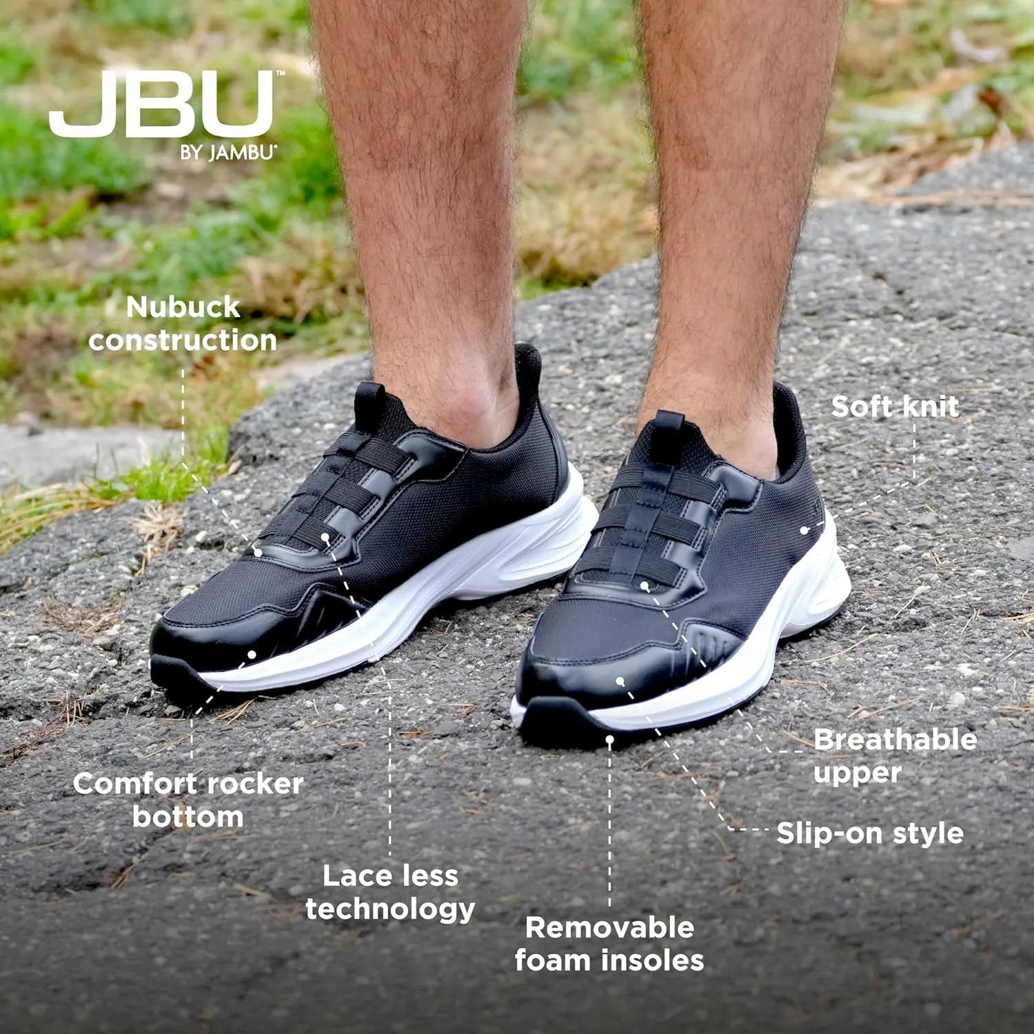 Jambu Men's Dash Easy-Wear Slip-On, Soft Knit and Nubuck Construction, Removable Relax Foam Insoles, Comfort Rocker Bottom, Black, 12