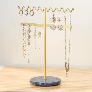 Jewelry Stand Necklace Holder, Gold Metal Jewelry Organizer with Wavy Necklace and Earring Holder, Marble Base for Stability, Home Decor for Bedroom or Vanity, Black and Gold