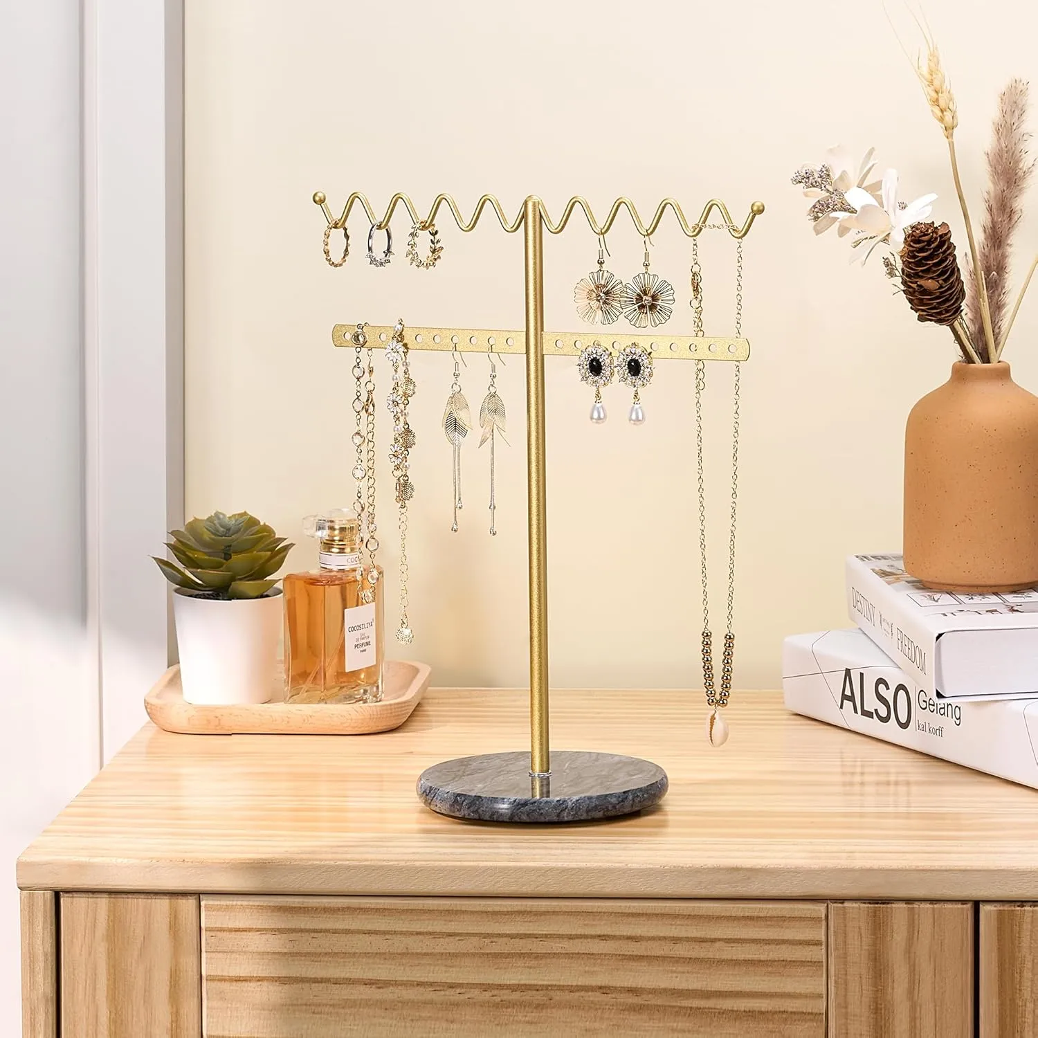 Jewelry Stand Necklace Holder, Gold Metal Jewelry Organizer with Wavy Necklace and Earring Holder, Marble Base for Stability, Home Decor for Bedroom or Vanity, Black and Gold