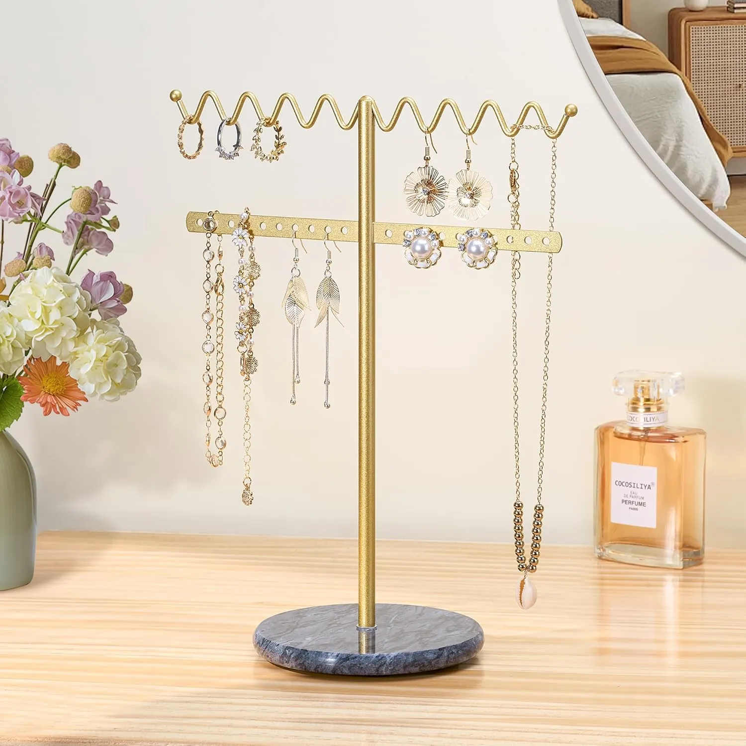 Jewelry Stand Necklace Holder, Gold Metal Jewelry Organizer with Wavy Necklace and Earring Holder, Marble Base for Stability, Home Decor for Bedroom or Vanity, Black and Gold