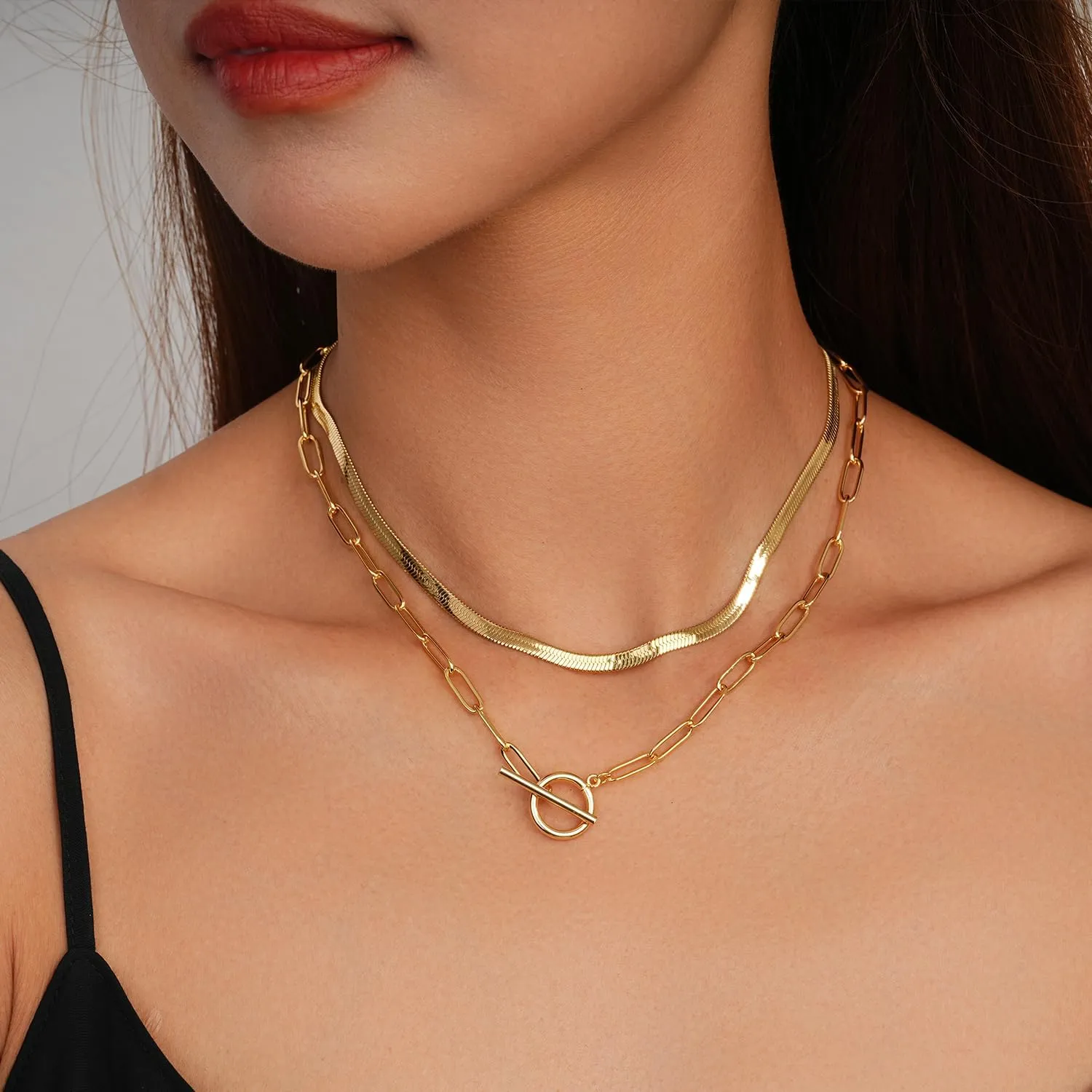 Jewlpire Mother's Day Gifts for Women Gold Necklace for Women, 14K Plated Gold Layered Necklaces for Women, Herringbone Necklace Paperclip Chain Necklaces for Women Gifts for Her Wife