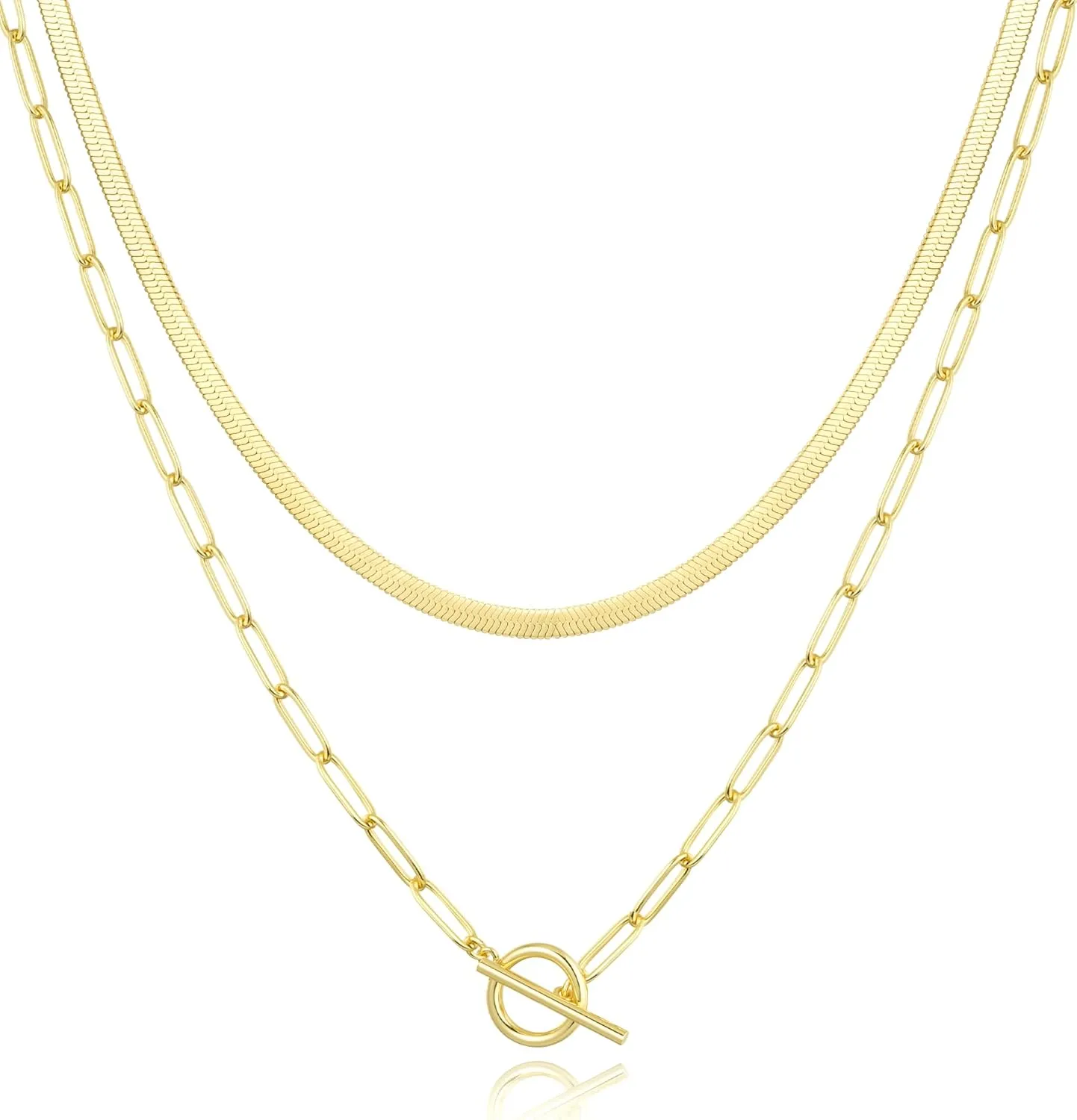Jewlpire Mother's Day Gifts for Women Gold Necklace for Women, 14K Plated Gold Layered Necklaces for Women, Herringbone Necklace Paperclip Chain Necklaces for Women Gifts for Her Wife