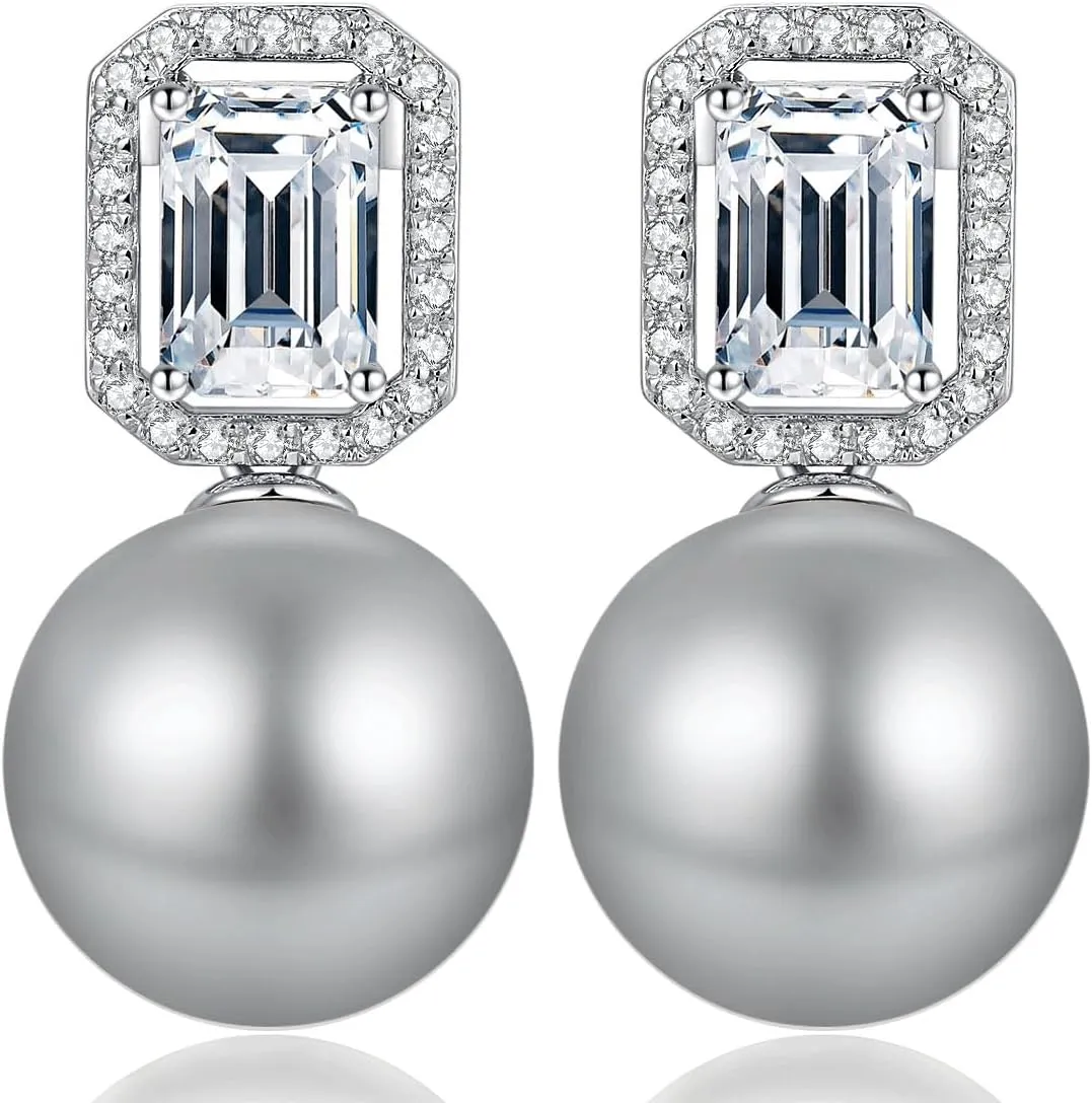 Jiamiaoi Pearl Diamond Earrings 925 Sterling Silver Pearl Earrings Big Fresh Water Pearl Stud Earrings with Cubic Zirconia Pearl Studs White/Gray Pearl Earrings Stud, Come with Gift Box