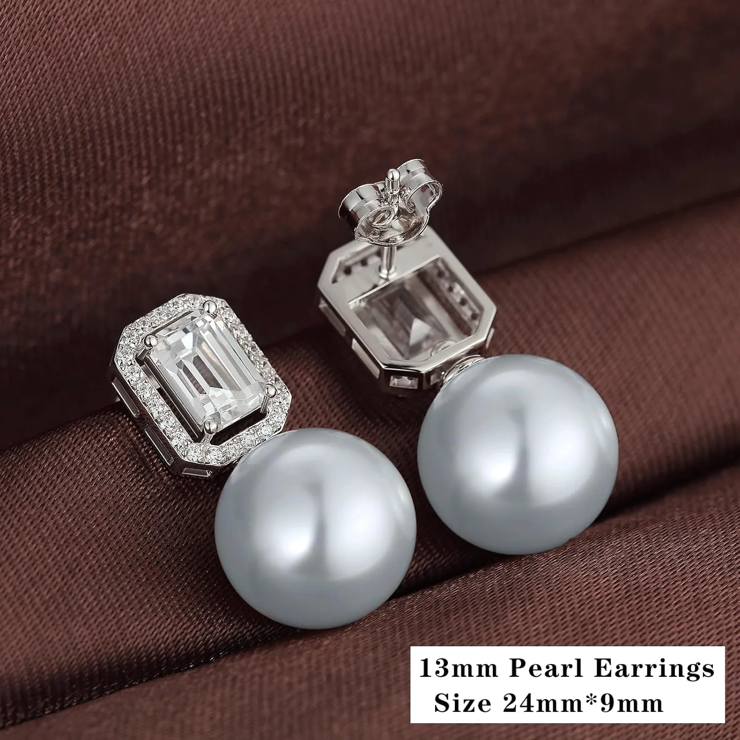 Jiamiaoi Pearl Diamond Earrings 925 Sterling Silver Pearl Earrings Big Fresh Water Pearl Stud Earrings with Cubic Zirconia Pearl Studs White/Gray Pearl Earrings Stud, Come with Gift Box