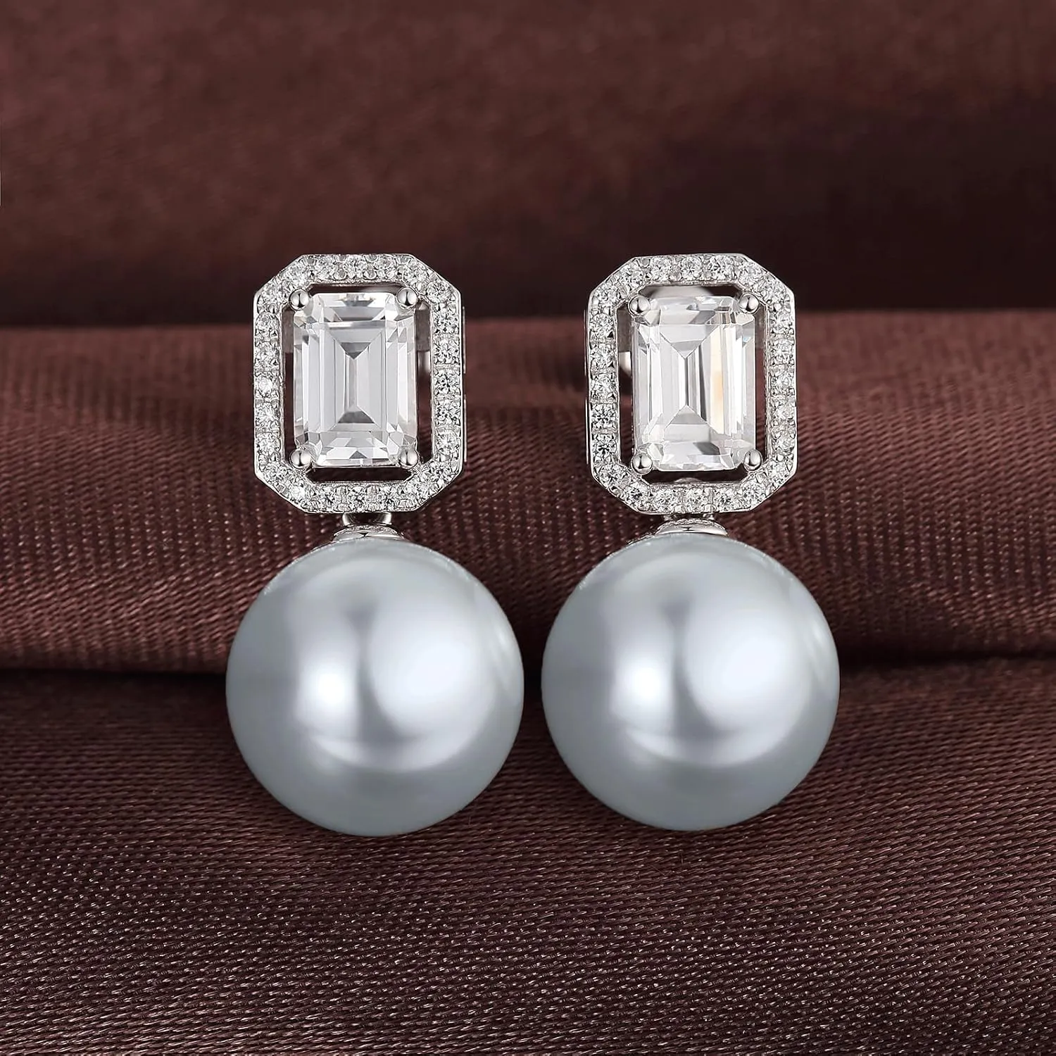 Jiamiaoi Pearl Diamond Earrings 925 Sterling Silver Pearl Earrings Big Fresh Water Pearl Stud Earrings with Cubic Zirconia Pearl Studs White/Gray Pearl Earrings Stud, Come with Gift Box