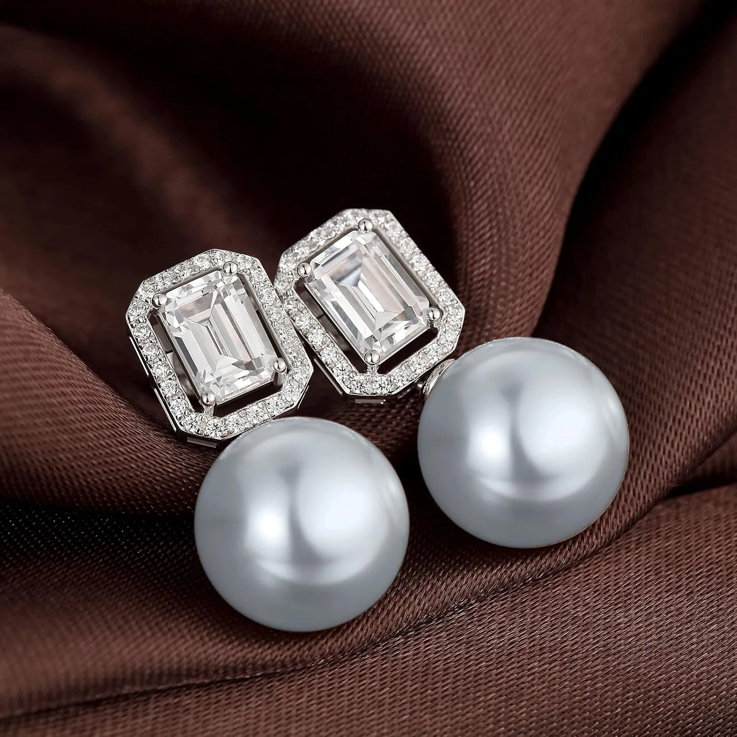 Jiamiaoi Pearl Diamond Earrings 925 Sterling Silver Pearl Earrings Big Fresh Water Pearl Stud Earrings with Cubic Zirconia Pearl Studs White/Gray Pearl Earrings Stud, Come with Gift Box