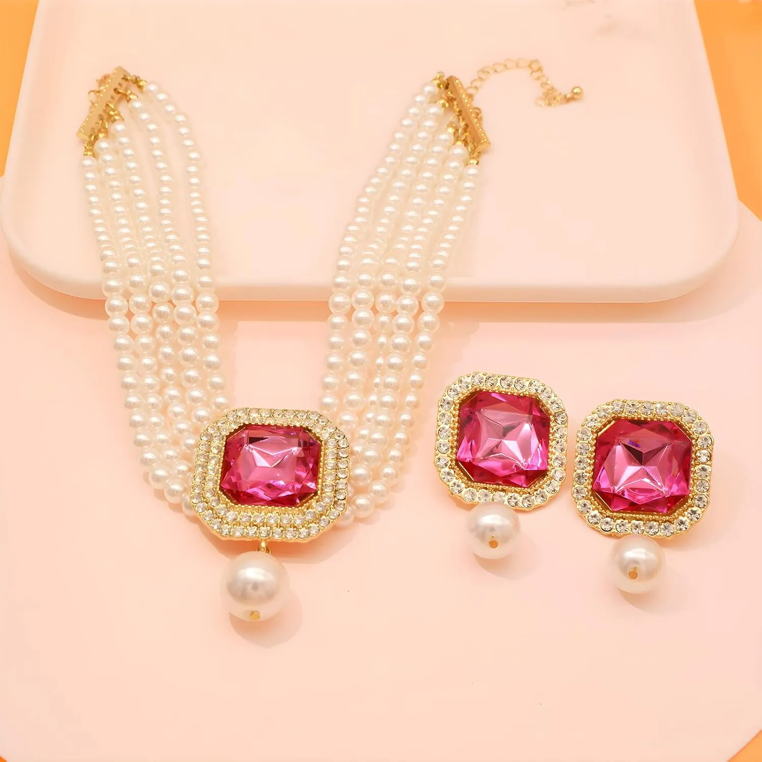 JNF Gold Plated Pearl Choker Collar Necklace for Women Crystal Rhinestone Pearl Statement Necklace and Earrings Bridal Pearls Diamond jewelry Set for Wedding