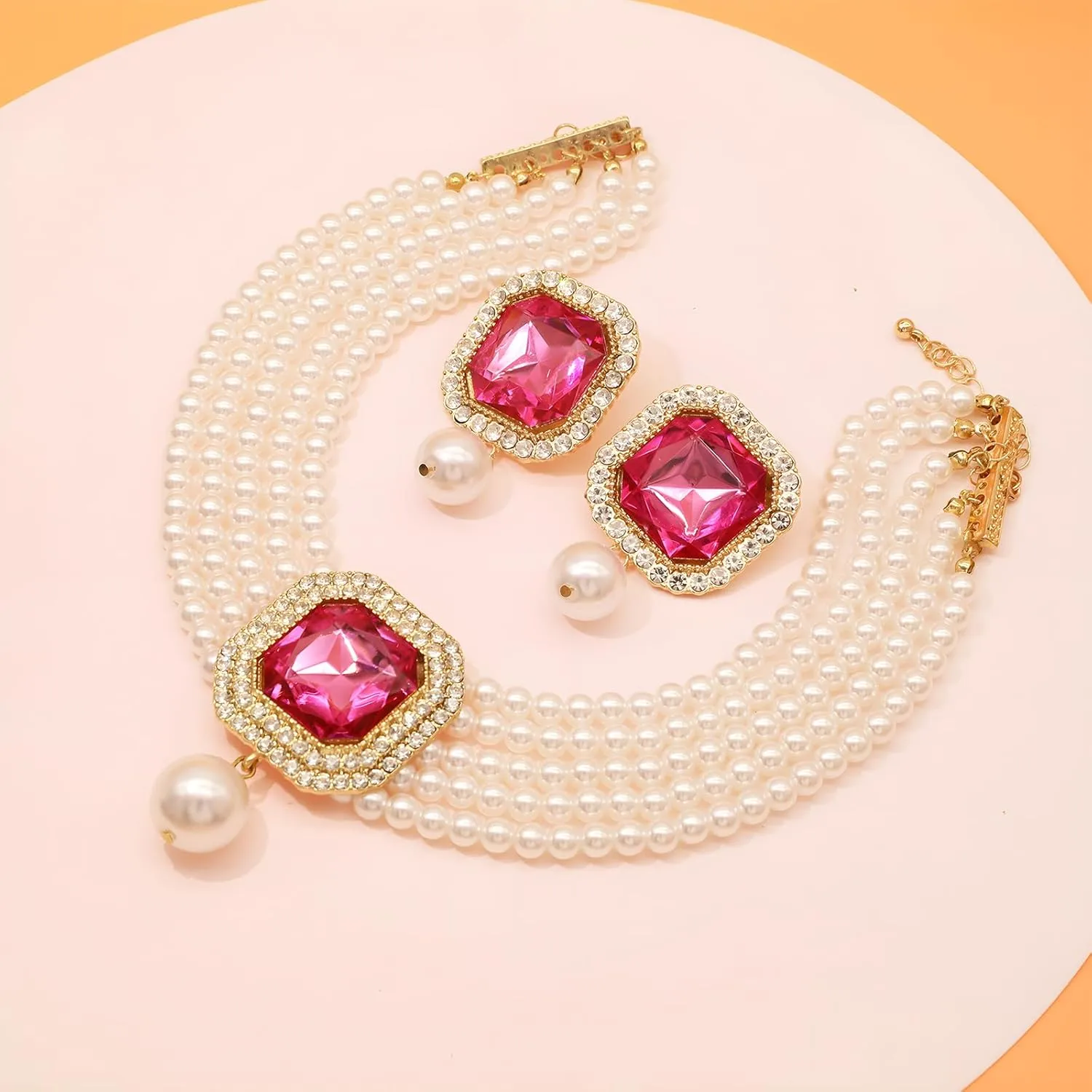 JNF Gold Plated Pearl Choker Collar Necklace for Women Crystal Rhinestone Pearl Statement Necklace and Earrings Bridal Pearls Diamond jewelry Set for Wedding