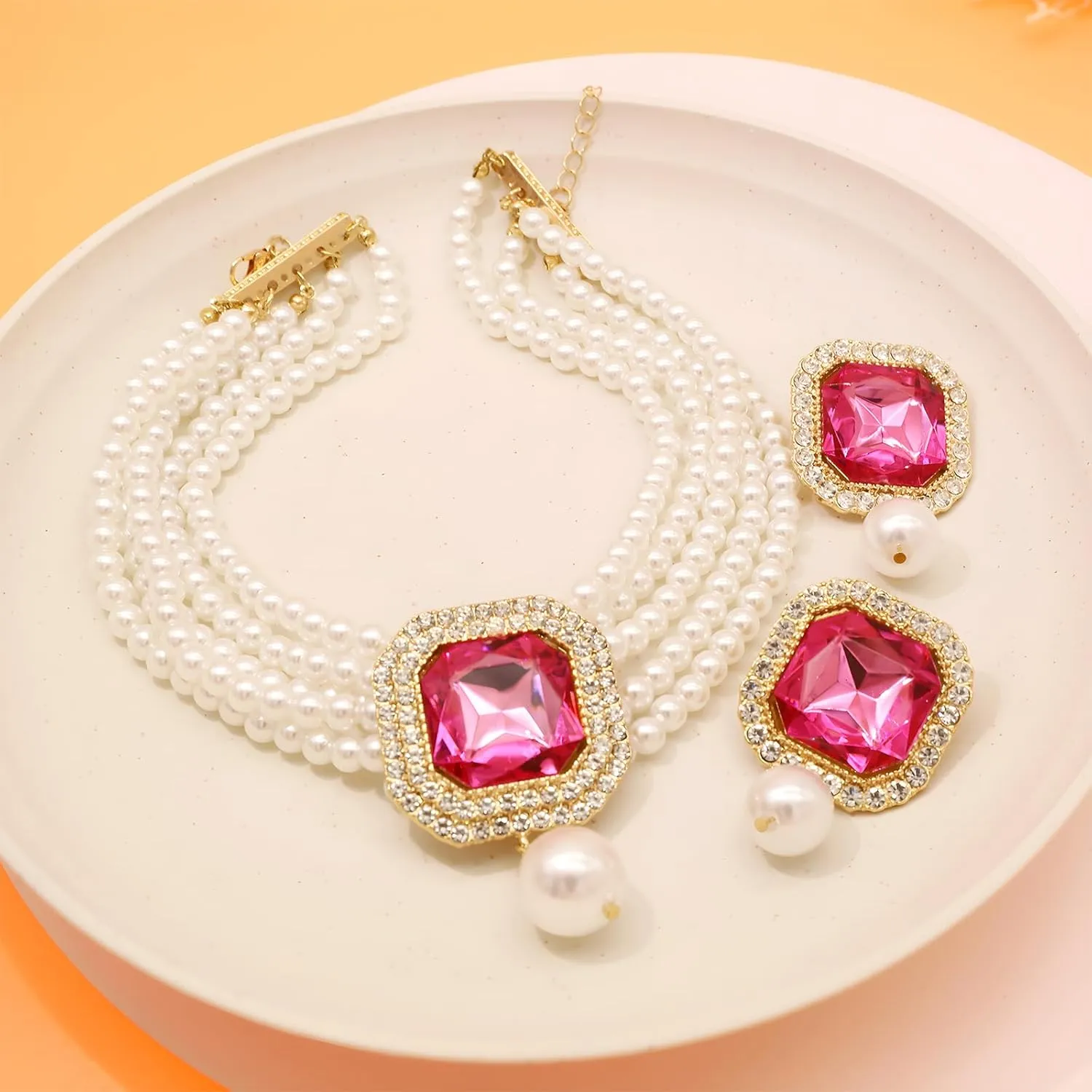 JNF Gold Plated Pearl Choker Collar Necklace for Women Crystal Rhinestone Pearl Statement Necklace and Earrings Bridal Pearls Diamond jewelry Set for Wedding