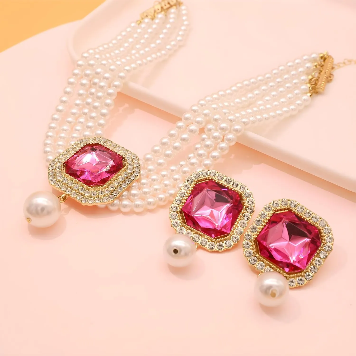 JNF Gold Plated Pearl Choker Collar Necklace for Women Crystal Rhinestone Pearl Statement Necklace and Earrings Bridal Pearls Diamond jewelry Set for Wedding