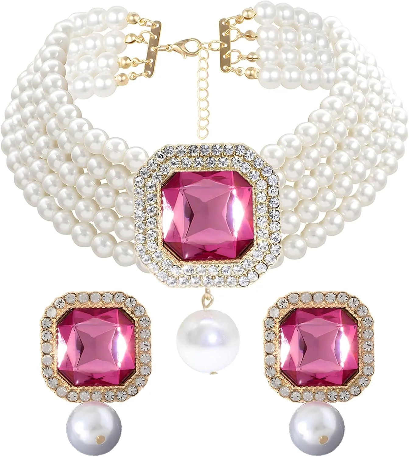 JNF Gold Plated Pearl Choker Collar Necklace for Women Crystal Rhinestone Pearl Statement Necklace and Earrings Bridal Pearls Diamond jewelry Set for Wedding