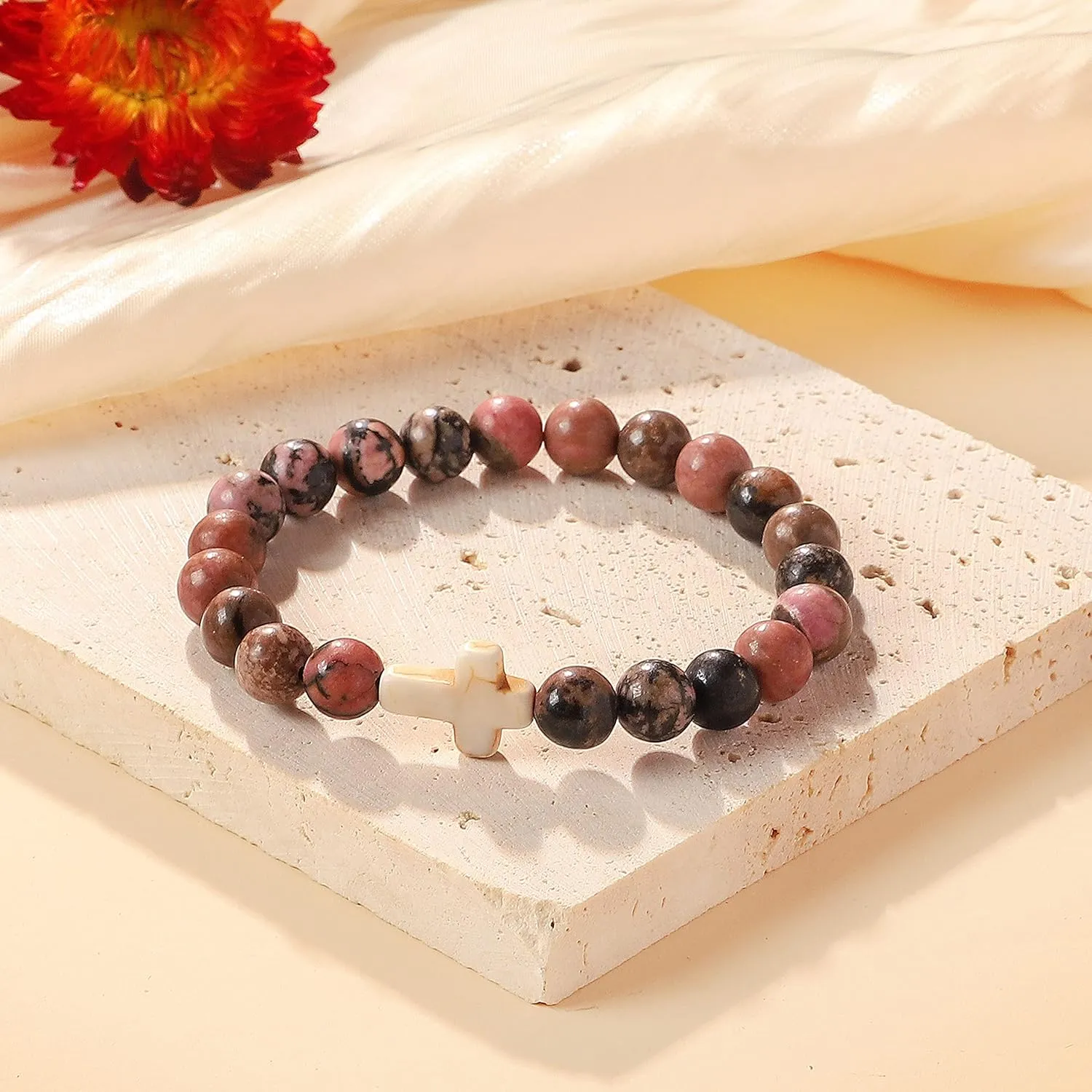 JoycuFF Christian Bracelets for Women Cross Bracelets for Religious Women Easter Catholic Natural Stone Bracelets Christian Jewelry Faith Communion Baptism Gifts